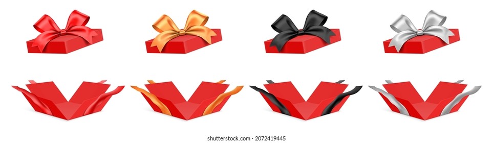 Vector set of unfolded red gift boxes with different color ribbons, isolated on white background.