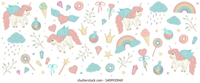 Vector set with unicorn cliparts. Horizontal banner with cute rainbow, crown, star, cloud, crystals for social media. Sweet girlish illustration. Watercolor effect fairytale design elements.
