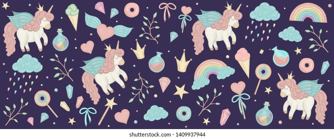 Vector set with unicorn cliparts. Horizontal banner with cute rainbow, crown, star, cloud, crystals for social media. Sweet girlish illustration. Fairytale design elements on dark purple background.
