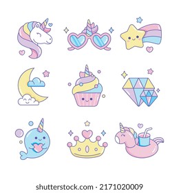 Vector set of unicorn element icon  stickers illustration