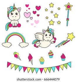 Vector set of unicorn, hearts, stars, magic wand, delicious and flags for decoration room for birthday party. Flat design