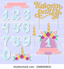 Vector set with Unicorn Party text, Unicorn Tiara, Horn, number. Unicorn Party lettering as patch, stick cake toppers, laser cut plastic, wooden toppers. Design elements for baby birth, Birthday party
