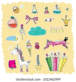 vector set unicorn, perfume, bow, gifts, magic wand, book diary, line art, color illustration