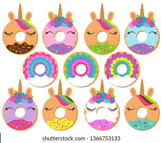 Vector Set of Unicorn and Rainbow Themed Donuts