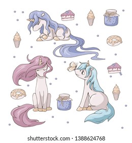 Vector set of unicorn theme illustrations. Three cute cartoon unicorns and deserts. Isolated objects on white background.