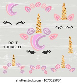 Vector set with Unicorn tiara, horn, eyes.  Unicorn creator.  