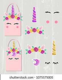 Vector set with Unicorn Tiara, Unicorn Horn, swirl, eyes. Unicorn symbols as patch, stick cake topper, sticker, drink topper, paper cut decoration. Unicorn bag creator.