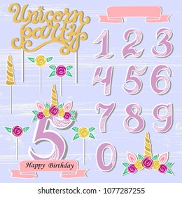 Vector set with Unicorn Tiara, Numbers, Horn, flower. Unicorn Party handwritten lettering as patch, stick cake toppers, laser cut plastic, wooden toppers. Props for baby birth, Unicorn, Birthday party