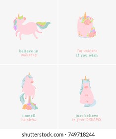 Vector set of unicorn typography greeting card. Funny vector illustration different moods of unicorn with iridescent tail. Magic cute card with a wish for holiday, doodle nursery art
