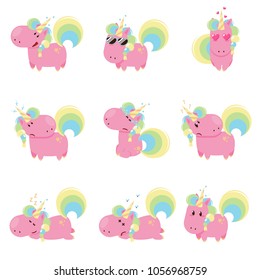 Vector set of unicorns with different emoticons. Flat design illustration