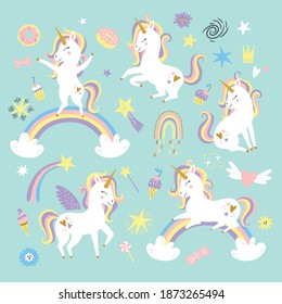 Vector set with unicorns and hand drawn elements. Creative nursery background. Perfect for kids design, fabric, wrapping, wallpaper, textile, apparel