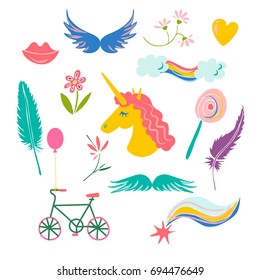 Vector set with unicorns, rainbow, feather, wings  and other elements.