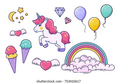  Vector set with unicorns, rainbow, heart, baloons, moon and stars. Fairy elements isolated on white