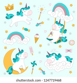 Vector set with unicorns, rainbow, ice cream and other sweets. illustration.