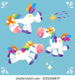 Vector set of unicorns with rainbow mane in different poses. 