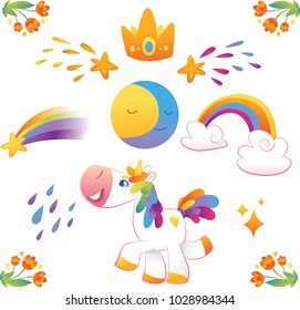 Vector set with unicorns, star, rainbow, moon, cloud und flowers.