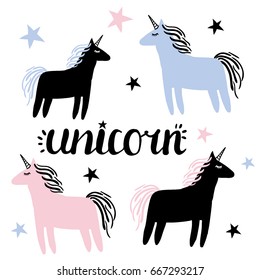 Vector set of unicorns and stars. Cute hand drawn design for girls. Hand drawn children's art set. Pink, blue and black unicorns for kids, nursery design. Magic animals. Simple flat style illustration