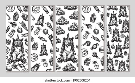 Vector set of Unicorns and sweets pattern. Unicorns bookmarks. Hand drawn illustration.