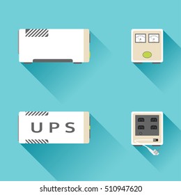 Vector set of uninterrupted power supply icons from different sides on the turquoise background with voltmeter and ammeter.