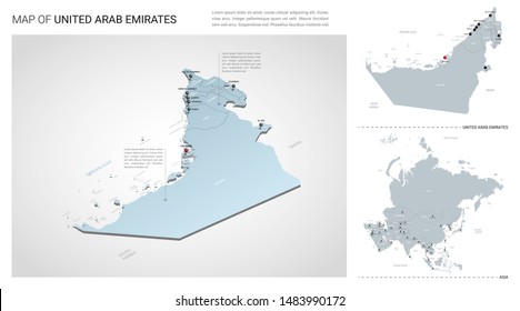 Vector set of United Arab Emirates country.  Isometric 3d map, UAE map, Asia map - with region, state names and city names. 
