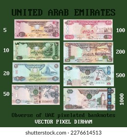 Vector set of United Arab Emirates paper pixelated, mosaic banknotes. Obverse denominations from 5 to 1000 dirhams. Part one.