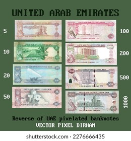 Vector set of United Arab Emirates paper pixelated, mosaic banknotes. Reverse denominations from 5 to 1000 dirhams. Part two.