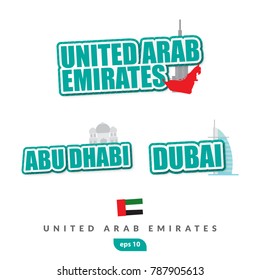 Vector set of United Arab Emirates, Abu Dhabi and Dubai titles for your travel projects, vacation publications or Middle East topics in your designs, vector illustration EPS 10