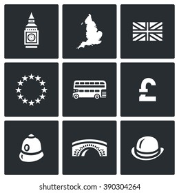 Vector Set of United Kingdom Icons. Tower, clock, territory, flag, European Union, Dabldeker, Pound, Constable, Bridge, Bowler Hat. City clock, island, England, EU, transport, money, police.