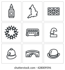 Vector Set of United Kingdom Icons. Tower, clock, territory, flag, European Union, Bus, Pound, Constable, Bridge, Bowler Hat. City clock, island, England, EU, transport, money, police, stone bridge.