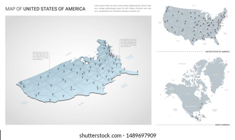 Vector set of United States of America  country.  Isometric 3d map, United States of America  map, North America map - with region, state names and city names. 