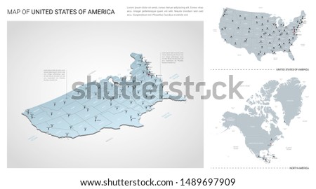 Vector set of United States of America  country.  Isometric 3d map, United States of America  map, North America map - with region, state names and city names. 