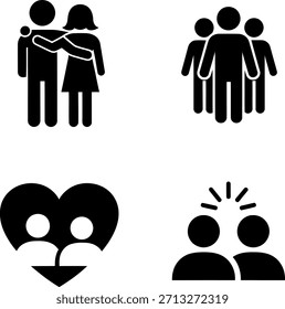 Vector set of universal black people icons representing diverse social interactions and relationships on white.