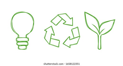Vector set of universal eco symbols: light bulb, recycling sign and sprout. Illustration in line art style, isolated on white background