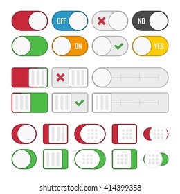 Vector set of universal switches for web design and applications. Toggle switch set, On and Off sliders, vector elements.