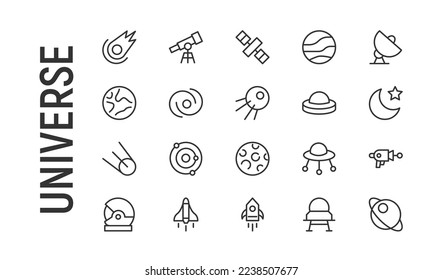 Conjunto de vectores de iconos de línea delgada del universo. Diseño de 20 pictogramas de infarto. Signos del universo aislados en un fondo blanco.