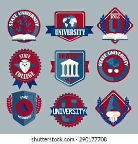 Vector set of university and college school badges in flat style.