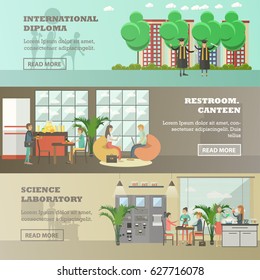 Vector set of university horizontal banners. International diploma, Restroom and canteen, Science laboratory flat style design elements.