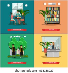 Vector set of university posters. Discussion, Library, Graduates and Laboratory flat style design elements.
