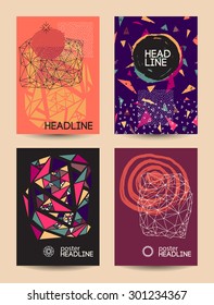 Vector set of unusual creative grungy vintage artistic abstract geometric hand drawn poster flyer book banner leaflet templates with retro feel