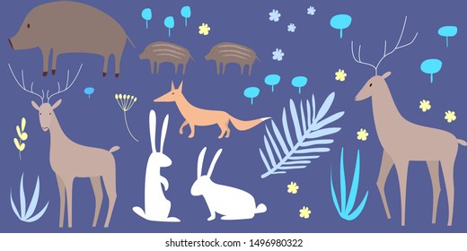 Vector set of unusual forest animals in scandinavian flat style. Outline silhouettes of forest deer, wild boar, fox and hares among the unusual colors of forest plants. Drawing for a textile print.