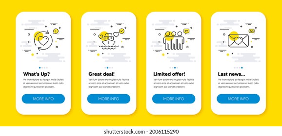 Vector set of Update relationships, Honeymoon cruise and Friendship line icons set. UI phone app screens with line icons. Valentine icon. Refresh love, Romantic cruiser, Trust friends. Vector