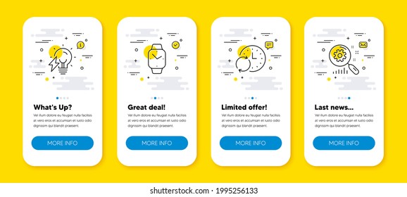 Vector set of Update time, Smartwatch and Electricity bulb line icons set. UI phone app screens with line icons. Search statistics icon. Refresh clock, Digital time, Electric energy. Analysis. Vector