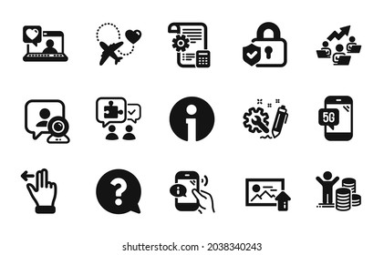 Conjunto de vectores de la foto de envío, el plano de configuración y los iconos de la conferencia de vídeo conjunto simple. Gráfico de trabajo en equipo, centro de llamadas e iconos de teléfono de 5g. Señales de información, beneficios presupuestarios y signos de interrogación. Vector
