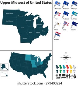 Vector Set Of Upper Midwest Of United States With Flags And Map On White Background