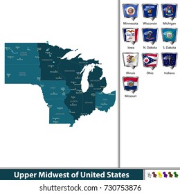 Vector Set Of Upper Midwest Of United States With Flags And Map On White Background