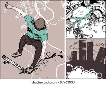 Vektorgrafik mit Stadtkarten mit Skater und abstrakten Gebäuden