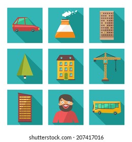 Vector set of urban city icons in flat design on square buttons