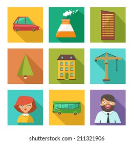 Vector set of urban city icons in flat design on colorful square buttons