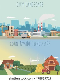 Vector Set Of Urban And Countryside Landscapes. Big City And Village Farm Illustration In Flat Style Design.