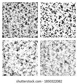 Vector set of urban grunge abstract backgrounds. An uneven, dense scattering of tiny black spots on a white background. The effect of a rough textured surface. Strokes of plaster, stained dirty wall